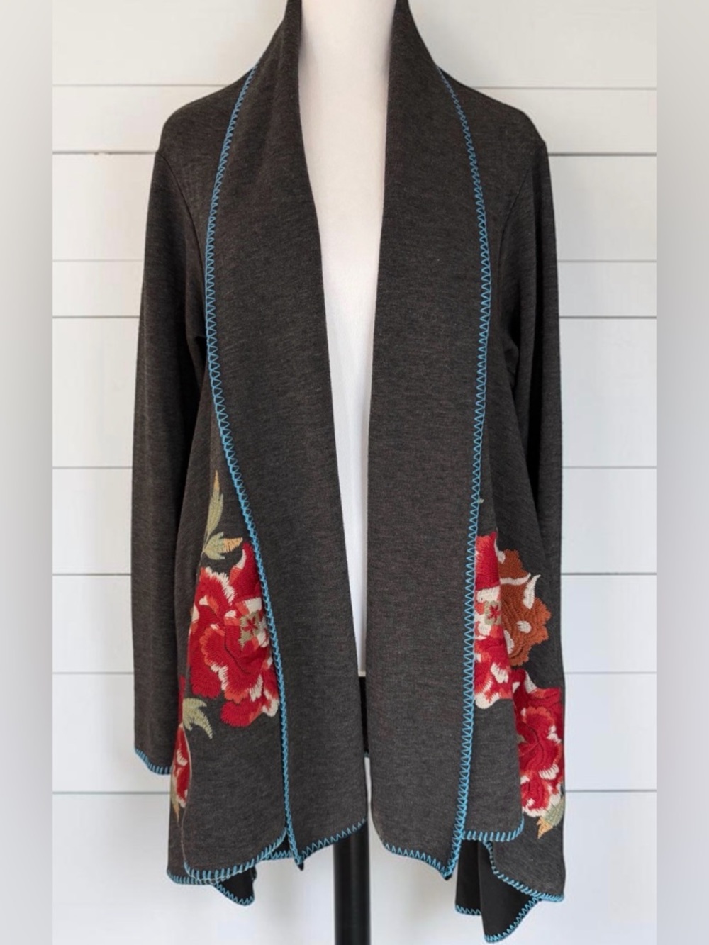 Floral Embroidered Boho Open Front Cardigan Jacket Terry Knit EUC